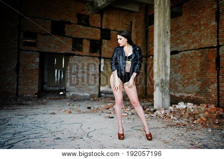 Brunette Plus Size Sexy Woman, Wear At Black Leather Jacket, Lace Panties, Bra And High Heels At Aba