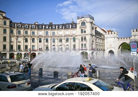 Munich Germany - May 29 2012: Karlsplatz (Stachus) square and Karlstor gate in Munich Germany.