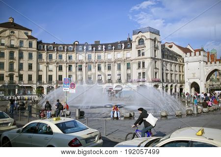 Munich Germany - May 29 2012: Karlsplatz (Stachus) square and Karlstor gate in Munich Germany.