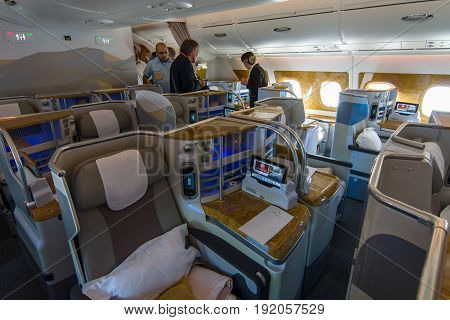 BERLIN GERMANY - JUNE 02 2016: Interior of business class of the world's largest aircraft Airbus A380. Emirates Airline. Exhibition ILA Berlin Air Show 2016