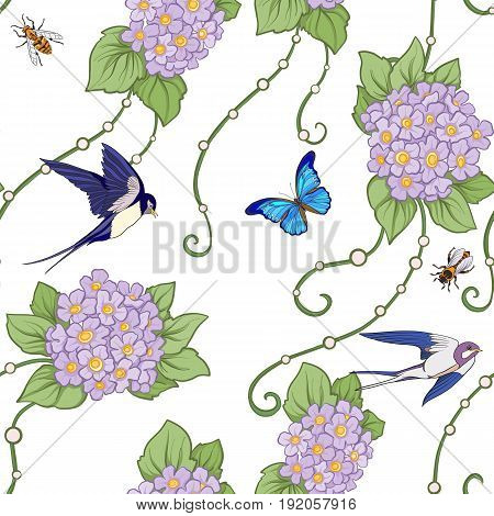 Floral seamless pattern with butterflies and bees and birds in realistic botanical style.  Stock line vector illustration. On white background.