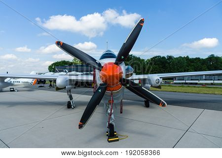 BERLIN GERMANY - JUNE 02 2016: High altitude and reconnaissance aircraft Grob G520 T. Exhibition ILA Berlin Air Show 2016