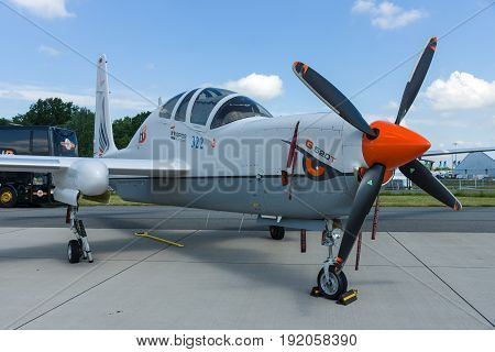 BERLIN GERMANY - JUNE 02 2016: High altitude and reconnaissance aircraft Grob G520 T. Exhibition ILA Berlin Air Show 2016