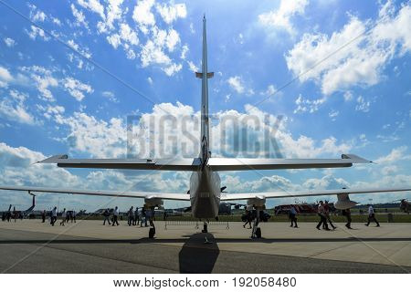 BERLIN GERMANY - JUNE 02 2016: High altitude and reconnaissance aircraft Grob G520 T. Rear view. Exhibition ILA Berlin Air Show 2016