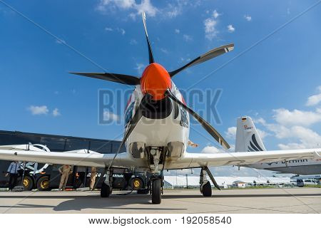 BERLIN GERMANY - JUNE 02 2016: Two-seat turboprop training and aerobatic low-wing aircraft Grob G120TP. Exhibition ILA Berlin Air Show 2016