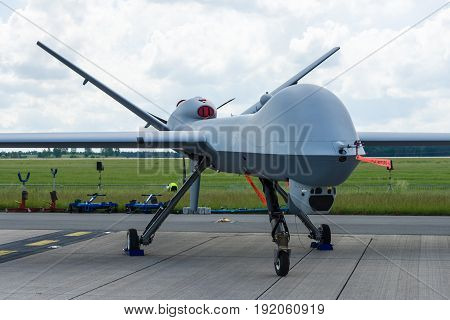 BERLIN GERMANY - JUNE 02 2016: Unmanned combat air vehicle General Atomics MQ-9 Reaper. US Air Force. Exhibition ILA Berlin Air Show 2016