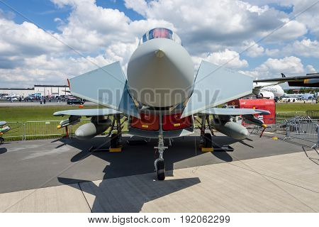 BERLIN GERMANY - JUNE 02 2016: Multirole fighter Eurofighter Typhoon. German Air Force (Luftwaffe). Exhibition ILA Berlin Air Show 2016