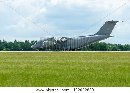 BERLIN GERMANY - JUNE 02 2016: Landing a military transport aircraft Antonov An-178. Exhibition ILA Berlin Air Show 2016