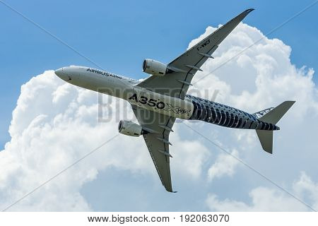 BERLIN GERMANY - JUNE 02 2016: Demonstration flight Airbus A350 XWB. Exhibition ILA Berlin Air Show 2016