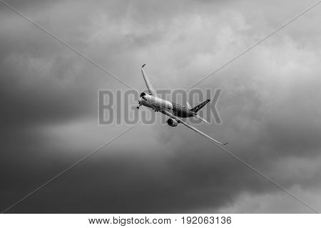 BERLIN GERMANY - JUNE 02 2016: Demonstration flight Airbus A350 XWB. Black and white. Exhibition ILA Berlin Air Show 2016