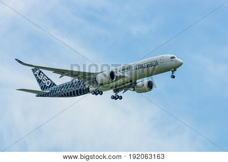 BERLIN GERMANY - JUNE 02 2016: Demonstration flight Airbus A350 XWB. Exhibition ILA Berlin Air Show 2016