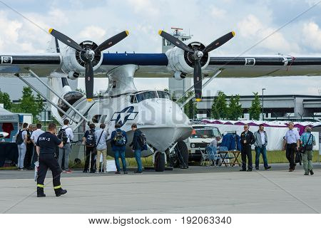 BERLIN GERMANY - JUNE 02 2016: Maritime patrol and search-and-rescue seaplane Consolidated PBY Catalina (PBY-5A). Exhibition ILA Berlin Air Show 2016