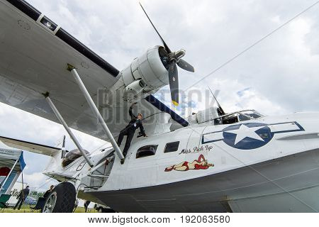 BERLIN GERMANY - JUNE 02 2016: Maritime patrol and search-and-rescue seaplane Consolidated PBY Catalina (PBY-5A). Exhibition ILA Berlin Air Show 2016