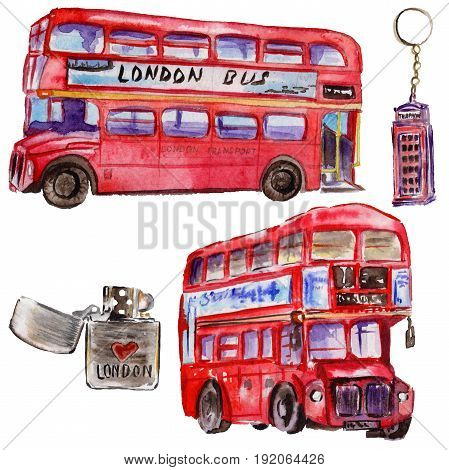 Watercolor London illustration. Great Britain hand drawn symbols. British bus. Aquarelle elements for background, texture, wrapper pattern.