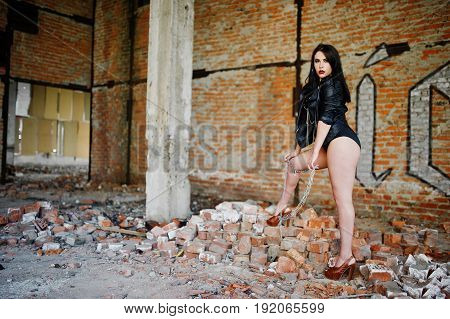 Brunette Plus Size Sexy Woman, Wear At Black Leather Jacket, Lace Panties, Bra And High Heels With C