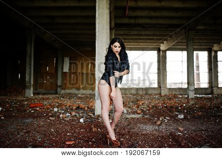 Brunette Plus Size Sexy Woman, Wear At Black Leather Jacket, Lace Panties, Bra And High Heels With C