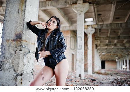 Brunette Plus Size Sexy Woman, Wear At Black Leather Jacket, Lace Panties At Abadoned Place. Woman's