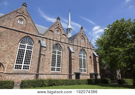 jacobin church and blue sky in centre of leeuwarden in the netherlands on sunny summer day