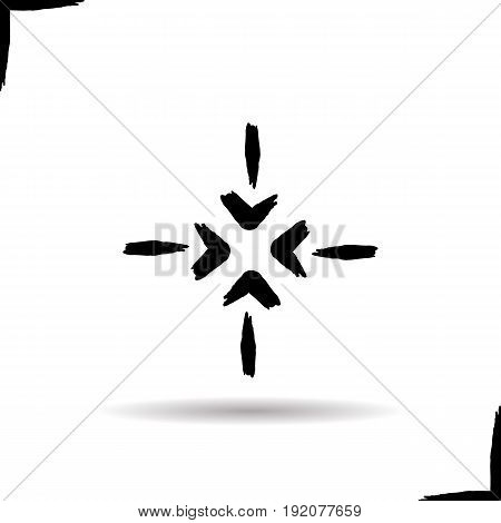 4 arrows aiming to the center glyph icon. Drop shadow symbol. Direction arrows. Ink brush stroke. Vector isolated illustration