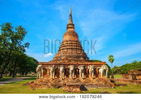 Sukhothai, Thailand - January 17 2017: Wat Sorasak Temple At Sukhothai Historical Park, A Unesco Wor