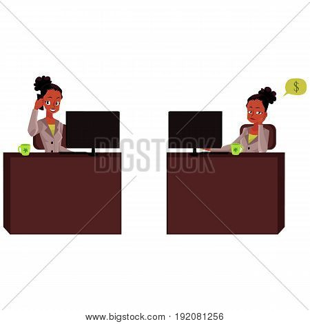 Black, African American businesswoman, secretary talking by phone, thinking, bored, office life, cartoon vector illustration isolated on white background. Black businesswoman, secretary in office