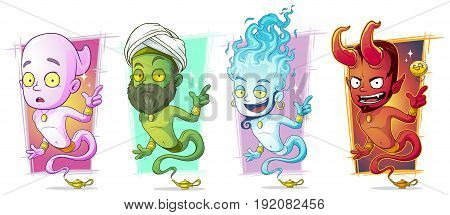 Cartoon different magic jinns with lamp character vector set
