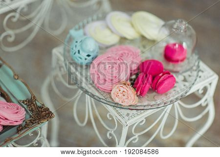Beautiful multicolored decorated baked sweet tasty candy bar desserts