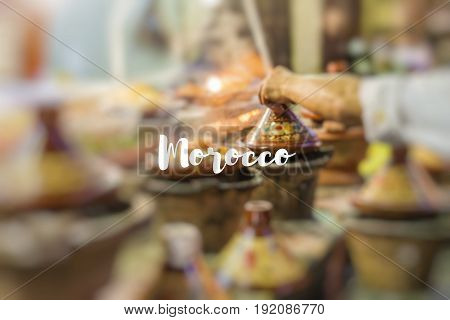 Morocco. Selection of very colorful Moroccan tajines.