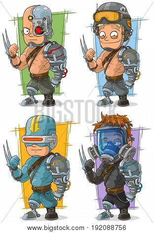 Cartoon cool metal cyborg army soldier with metal arm character vector set
