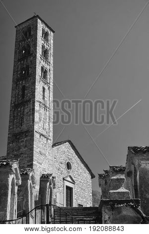 Lasnigo (Como Lombardy Italy): the medieval church of Sant'Alessandro built from the 12th century along the road to Madonna del Ghisallo. Black and white