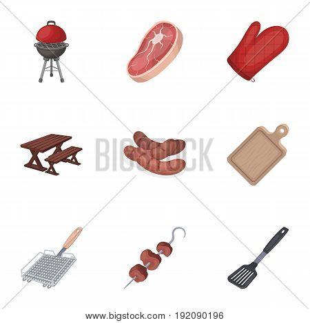 Meat, steak, firewood, grill, table and other accessories for barbecue.BBQ set collection icons in cartoon style vector symbol stock illustration .