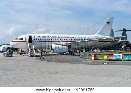 BERLIN GERMANY - JUNE 03 2016: Corporate Jetliner Airbus A319 CJ Bundesrepublik Deutschland on the airfield. Exhibition ILA Berlin Air Show 2016