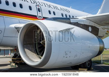 BERLIN GERMANY - JUNE 03 2016: Turbofan of corporate jetliner Airbus A319 CJ Bundesrepublik Deutschland. Exhibition ILA Berlin Air Show 2016