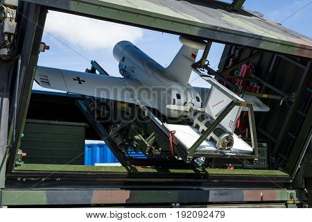 BERLIN GERMANY - JUNE 03 2016: An unmanned aerial vehicle (UAV) with stealth characteristics Rheinmetall KZO in the start position. German Army. Exhibition ILA Berlin Air Show 2016
