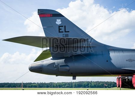 BERLIN GERMANY - JUNE 03 2016: Fragment of a four-engine supersonic variable-sweep wing jet-powered heavy strategic bomber Rockwell B-1B Lancer. US Air Force. Exhibition ILA Berlin Air Show 2016