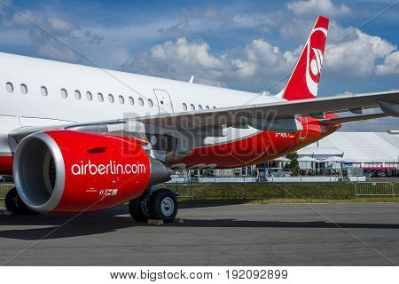 BERLIN GERMANY - JUNE 03 2016: Narrow-body jet airliner Airbus A321-211. Airberlin. Exhibition ILA Berlin Air Show 2016