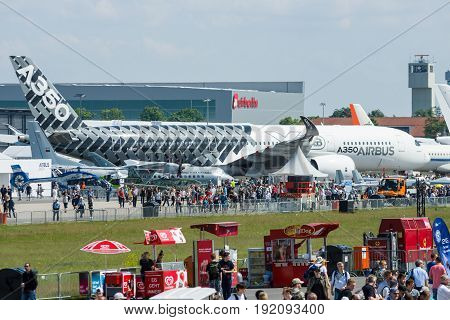 BERLIN GERMANY - JUNE 03 2016: The newest Airbus A350 XWB at the airfield. Exhibition ILA Berlin Air Show 2016