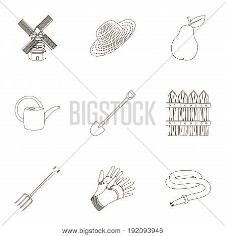 Set of pictures about gardening. Village, vegetable garden, garden, ecology.Farm and Gardening icon in set collection on outline style vector symbol stock web illustration.