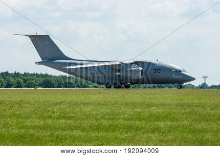 BERLIN GERMANY - JUNE 03 2016: Preparing for takeoff military transport aircraft Antonov An-178. Exhibition ILA Berlin Air Show 2016