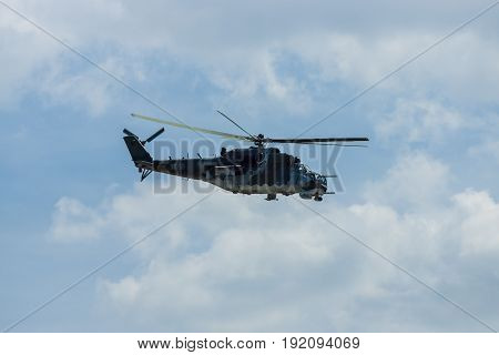 BERLIN GERMANY - JUNE 03 2016: Attack helicopter Mil Mi-24 Hind. Czech Air Force. Exhibition ILA Berlin Air Show 2016