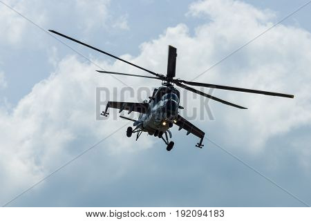BERLIN GERMANY - JUNE 03 2016: Attack helicopter Mil Mi-24 Hind. Czech Air Force. Exhibition ILA Berlin Air Show 2016