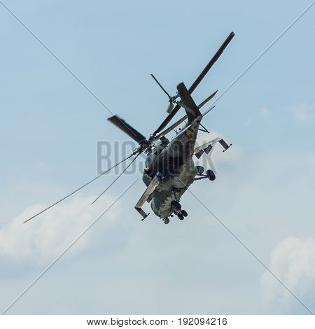 BERLIN GERMANY - JUNE 03 2016: Attack helicopter Mil Mi-24 Hind. Czech Air Force. Exhibition ILA Berlin Air Show 2016
