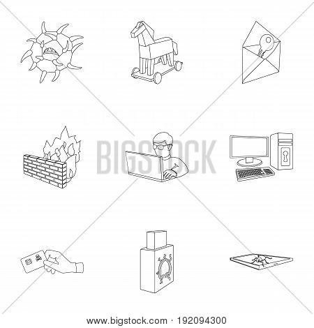 A selection of icons about protection and breaking. Modern technology of protection against breaking. Hackers and hacking icon in set collection on outline style vector symbol stock web illustration.