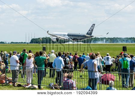 BERLIN GERMANY - JUNE 03 2016: Demonstration flight Airbus A350 XWB. Exhibition ILA Berlin Air Show 2016