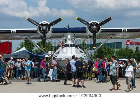 BERLIN GERMANY - JUNE 02 2016: Maritime patrol and search-and-rescue seaplane Consolidated PBY Catalina (PBY-5A). Exhibition ILA Berlin Air Show 2016