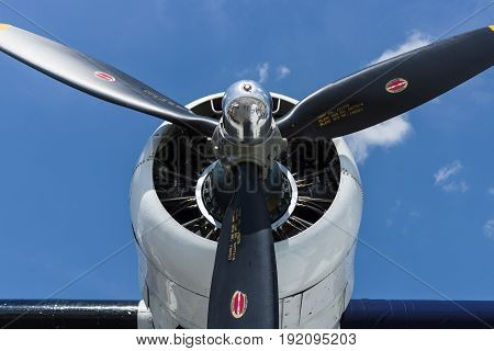 BERLIN GERMANY - JUNE 02 2016: Radial engine of maritime patrol and search-and-rescue seaplane Consolidated PBY Catalina (PBY-5A). Exhibition ILA Berlin Air Show 2016