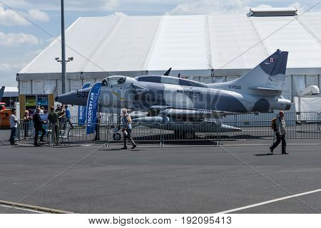 BERLIN GERMANY - JUNE 03 2016: Single seat subsonic carrier-capable attack aircraft McDonnell Douglas A-4N Skyhawk. Exhibition ILA Berlin Air Show 2016