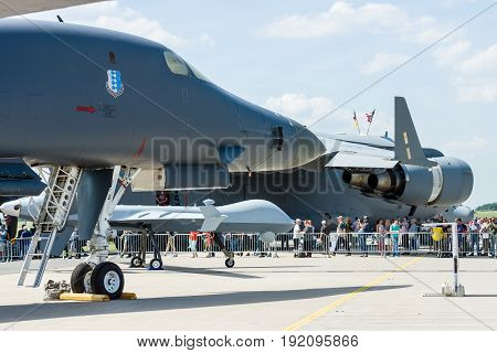 BERLIN GERMANY - JUNE 03 2016: Military aircraft Rockwell B-1B Lancer and Boeing C-17 Globemaster III. US Air Force. Exhibition ILA Berlin Air Show 2016