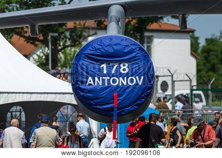 BERLIN GERMANY - JUNE 03 2016: The tubofan engine of military transport aircraft Antonov An-178. Exhibition ILA Berlin Air Show 2016