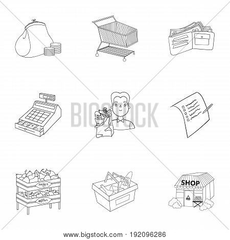 Supermarket, shopping in the store. A selection of pictures on the topic of shopping.Supermarket icon in set collection on outline style vector symbol stock web illustration.